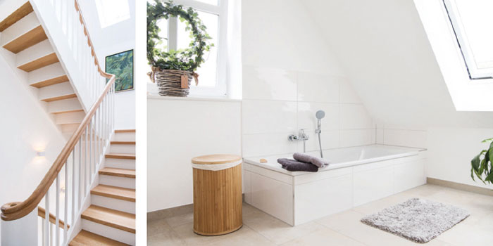 Haus-Rendsburg-Innenraum-Ansichten-weiße Holztreppe mit Naturholz-Stufen und ein Wannenbad