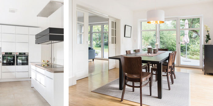 Haus-Rendsburg-Innenraum-Ansichten-weiße Hochglanzküche und heller Essbereich